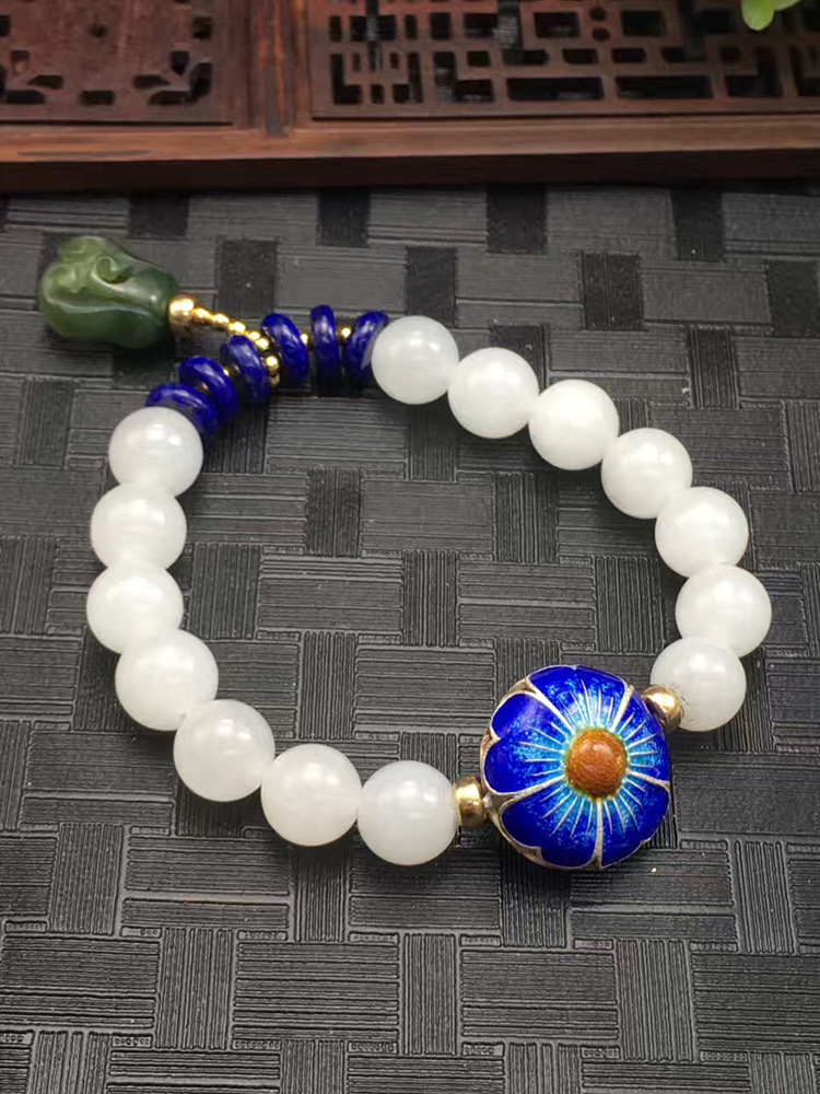 自然和田玉多宝烧蓝莲花青金手链手串